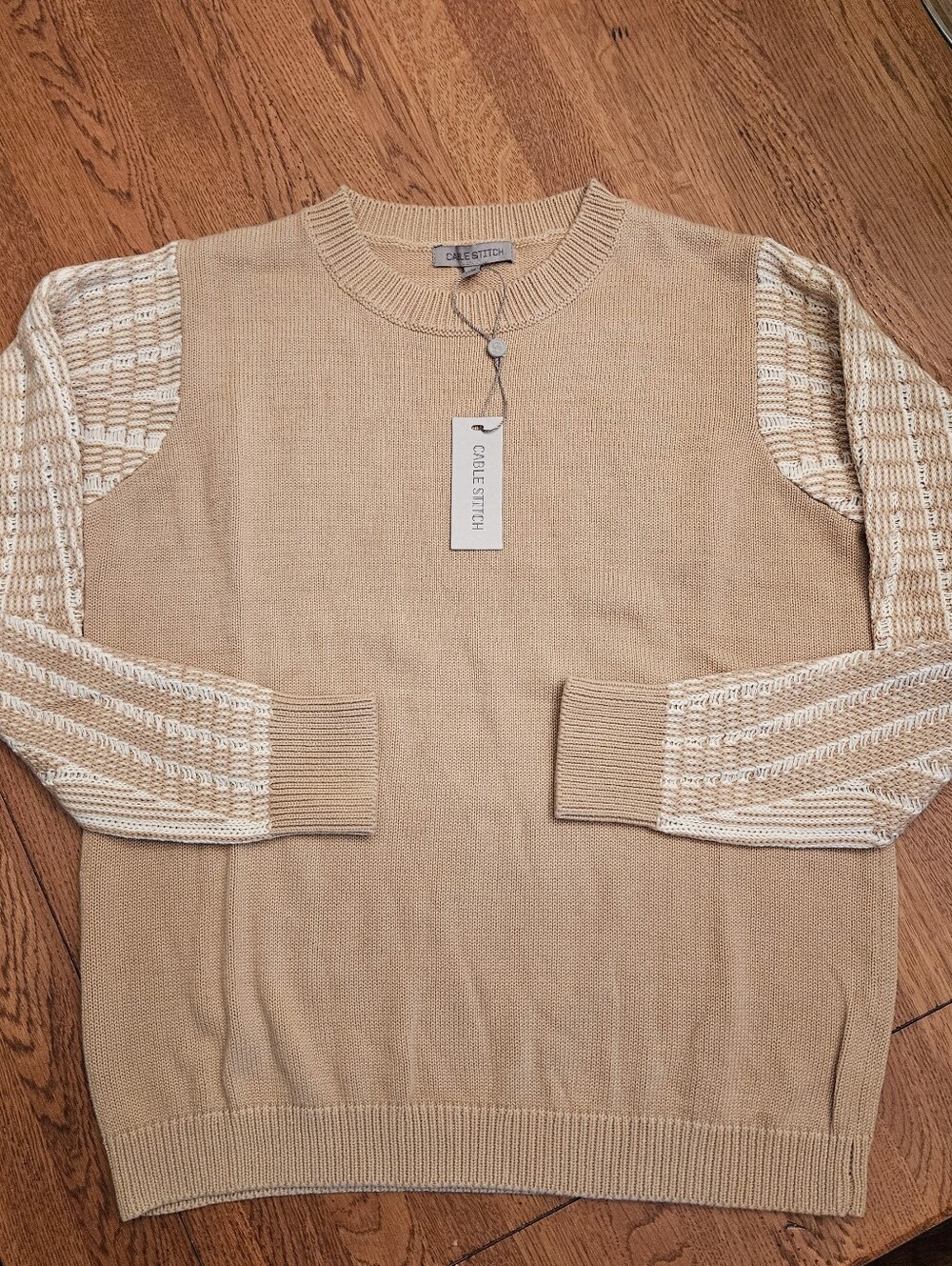 Cable Stitch Neutral Sweater Top w Two Tone Cabling Sleeves. NWT